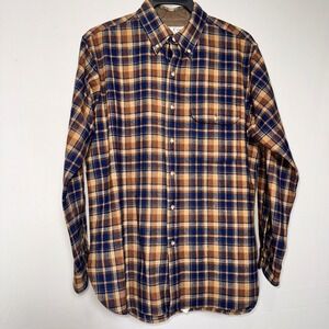 Lobo by Pendleton Mens L Plaid Virgin Wool Flannel Button Down Shirt Tan Blue